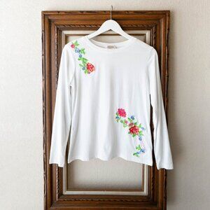 Talbots Women’s Size Small White Floral Embroidered Long Sleeve Tee Cotton Top